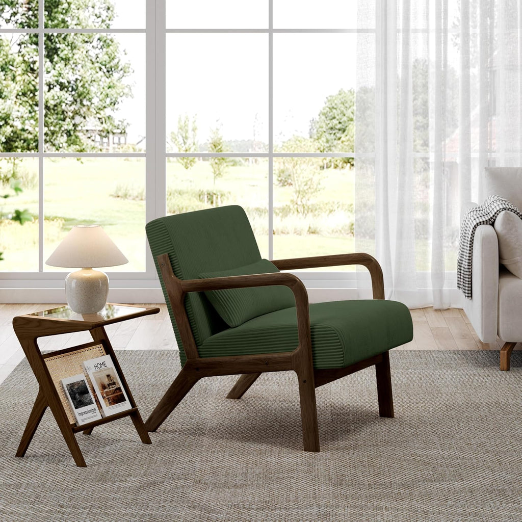 Yaheetech Accent Chair for Living Room, Corduroy Mid Century Modern Reading Armchairs with Lumbar Pillow for Bedroom, Decorative Sofa Chair for Adult Dark Green/Set of 2