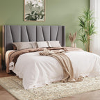 Allewie King Size Platform Velvet Bed Frame with Geometric Wingback Headboard, Boho Upholstered Bed with Wooden Slats Support, No Box Spring Needed, Easy Assembly, Light Grey