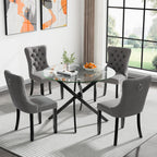 Small Round Dining Table Set for 4, Modern Glass Kitchen Table Chairs Set of 4, 5-Piece Dining Table Set w/36 Circle Black Glass Dining Room Table and 4 Grey Upholstered Dining Chairs