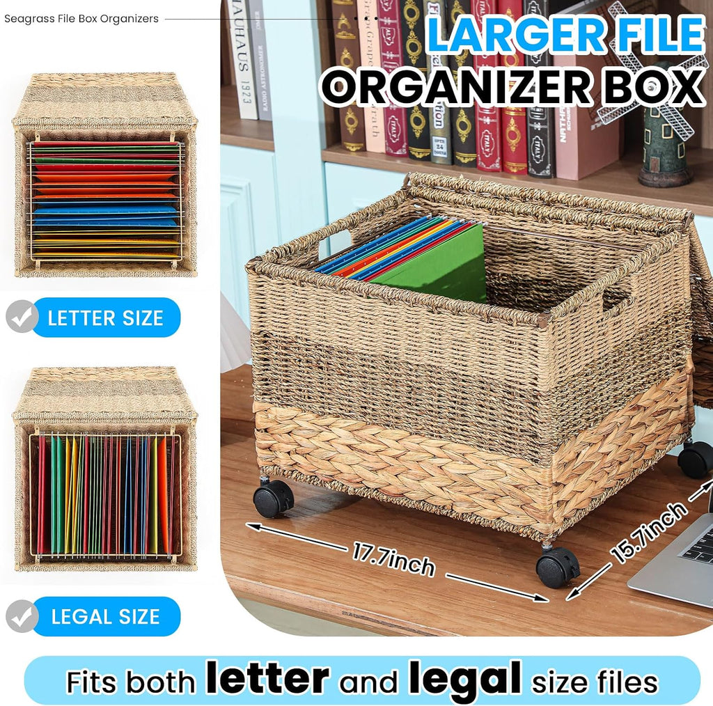 Cinnvoice Decorative Rolling File Cabinet 18 x 16 x 13 in Seagrass Wicker File Box Organizer for Letter & Legal Size Handwoven Hanging Filing Basket with Lid for Folder Home Office Decor Tricolor