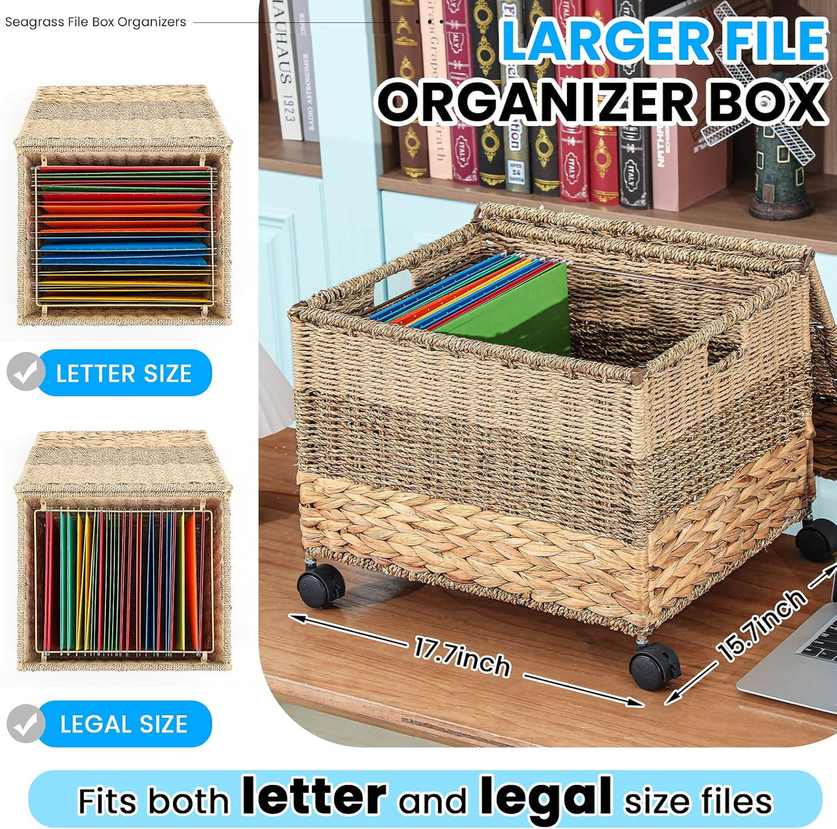 Cinnvoice Decorative Rolling File Cabinet 18 x 16 x 13 in Seagrass Wicker File Box Organizer for Letter & Legal Size Handwoven Hanging Filing Basket with Lid for Folder Home Office Decor Tricolor