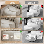 53.5" Oversized Round Chaise Lounge with Ottoman, Chenille, Beige White | Deep Seating Chair, Soft Chenille, a Matching Ottoman Offer Cloud-like Comfort for Reading, Lounging and Relaxing