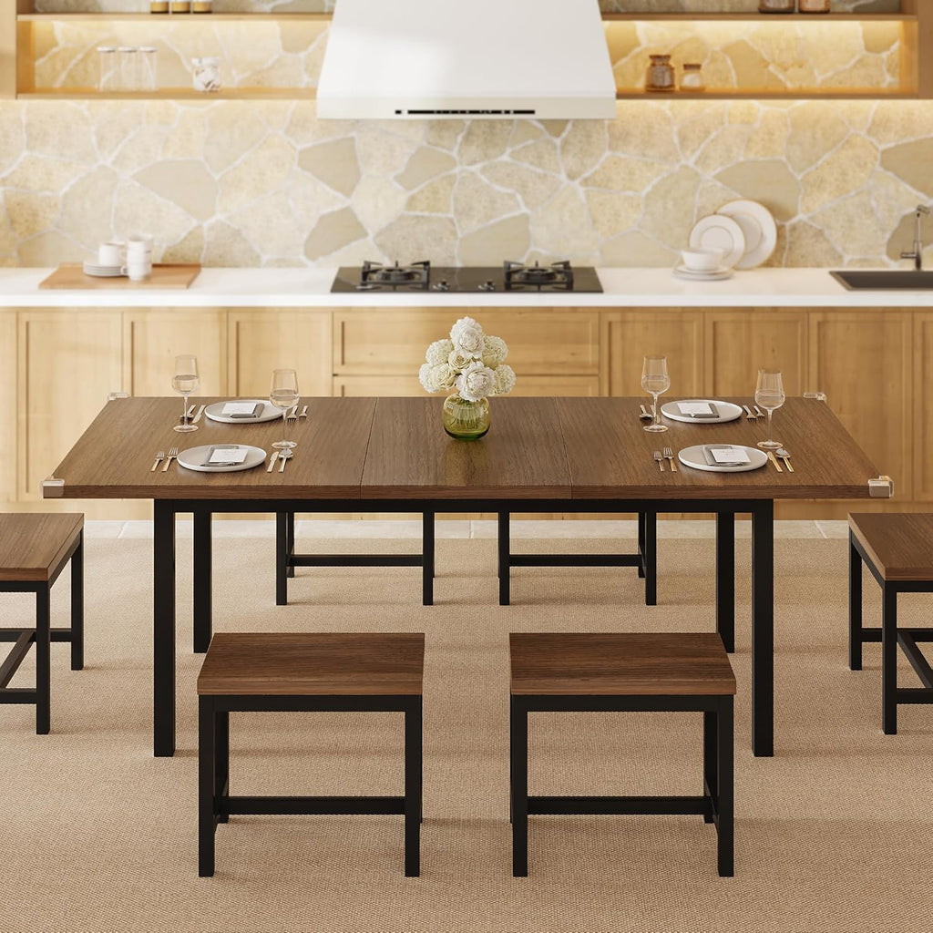 Einhomn 7-Piece Dining Table Set, 63" Extendable Kitchen Room Table with 6 Stools, Mid Century Modern Dinner Table with Metal Frame & MDF Board, Space-Saving, Easy Assembly, Walnut