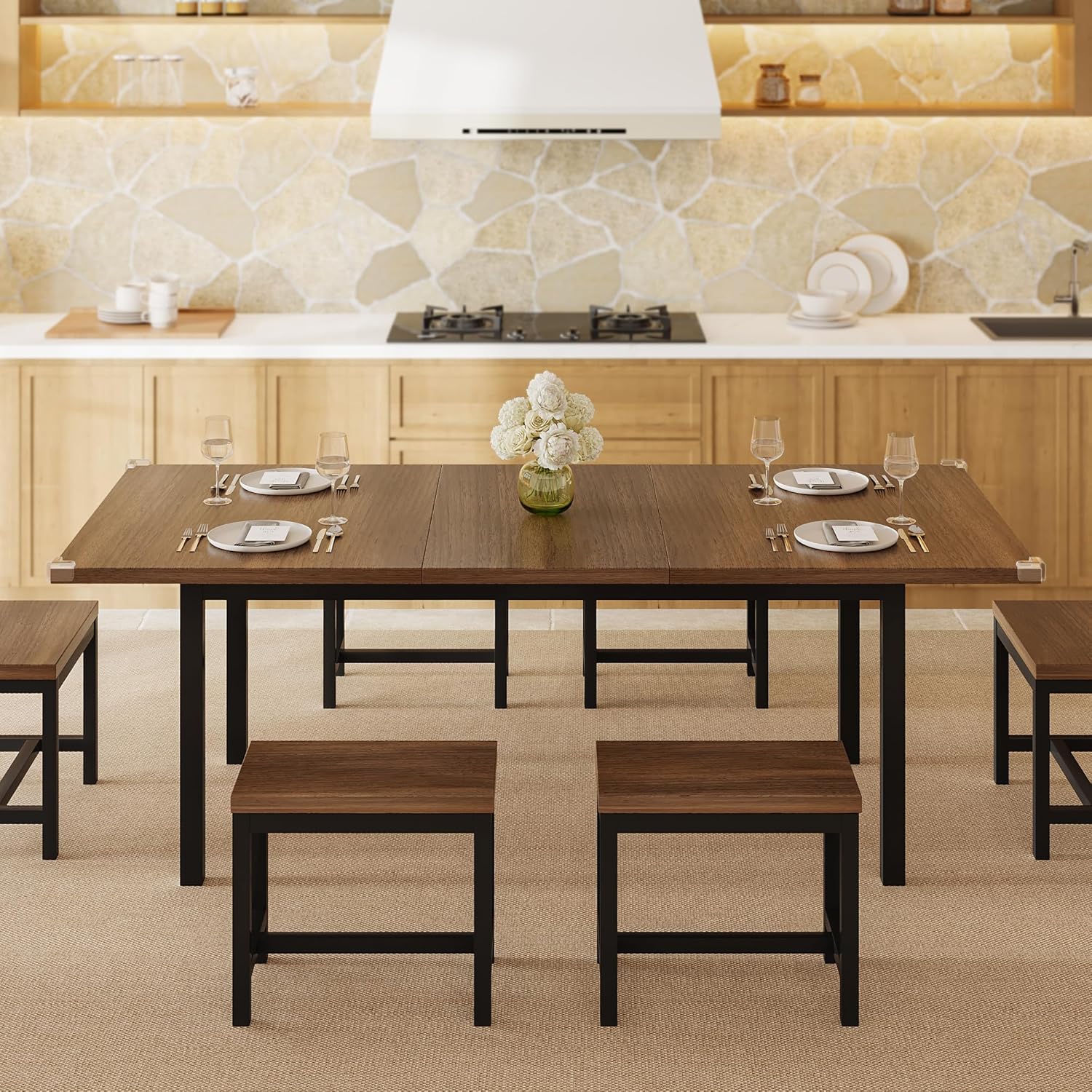 Einhomn 7-Piece Dining Table Set, 63" Extendable Kitchen Room Table with 6 Stools, Mid Century Modern Dinner Table with Metal Frame & MDF Board, Space-Saving, Easy Assembly, Walnut