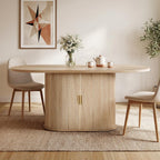 DWVO 70.9" Oval Dining Table for 6-8, Modern T-Shaped Kitchen Table with Storage Shelves & Pedestal Base, Multi-Purpose Dinner & Office Table, Light Oak