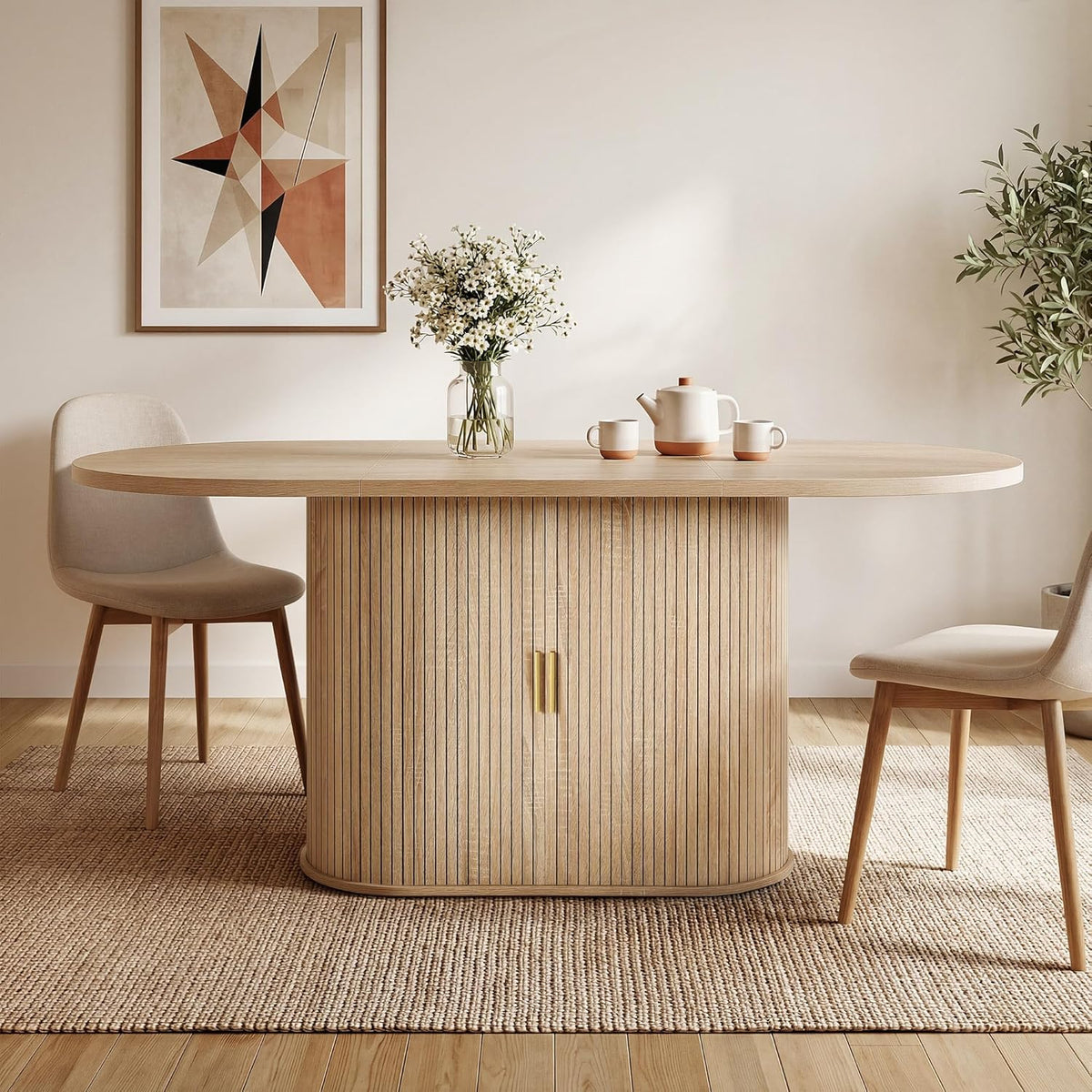 DWVO 70.9" Oval Dining Table for 6-8, Modern T-Shaped Kitchen Table with Storage Shelves & Pedestal Base, Multi-Purpose Dinner & Office Table, Light Oak
