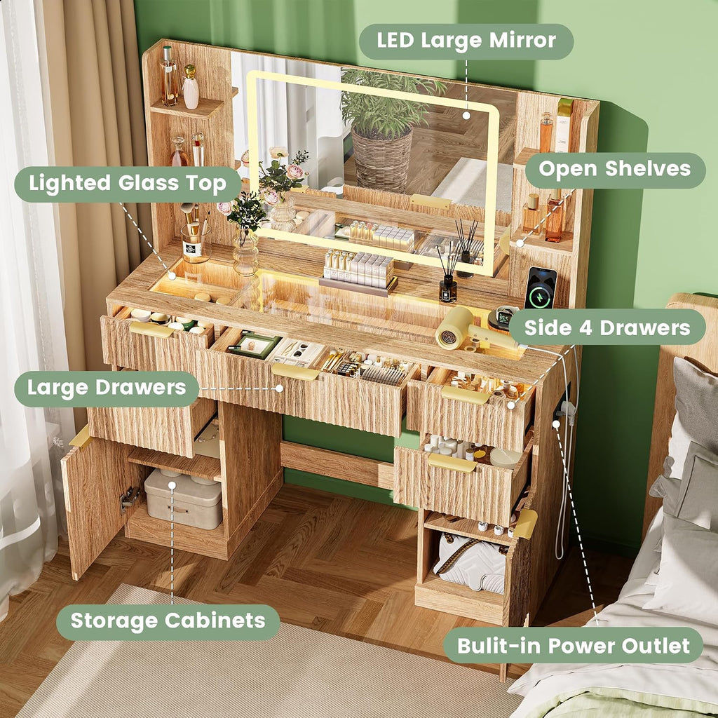 Fluted Vanity Desk with 30.2" Mirror and Lights, Glass Top Makeup Vanity with Desktop Light Strips, 5 Drawers, 2 Cabinet & 6 Open Shelves, Power Outlet, Lighting Adjustable,Natural