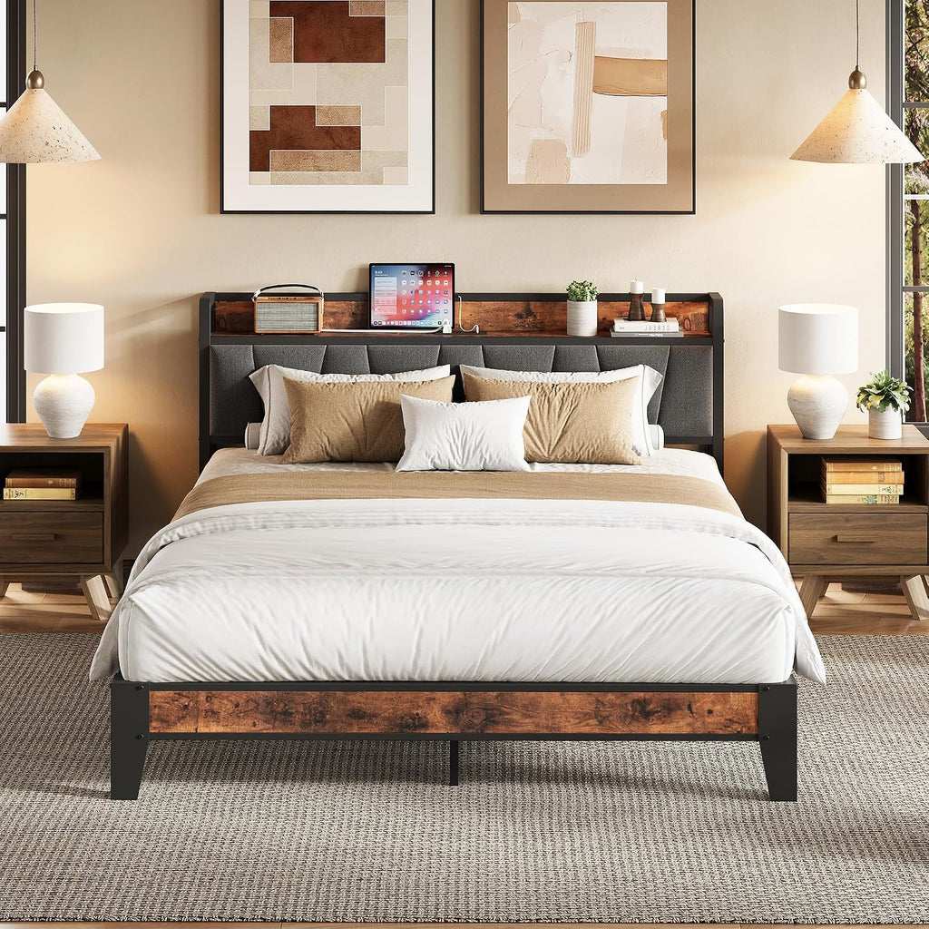 LIKIMIO Queen Size Bed Frame with Storage Headboard and Charging Station