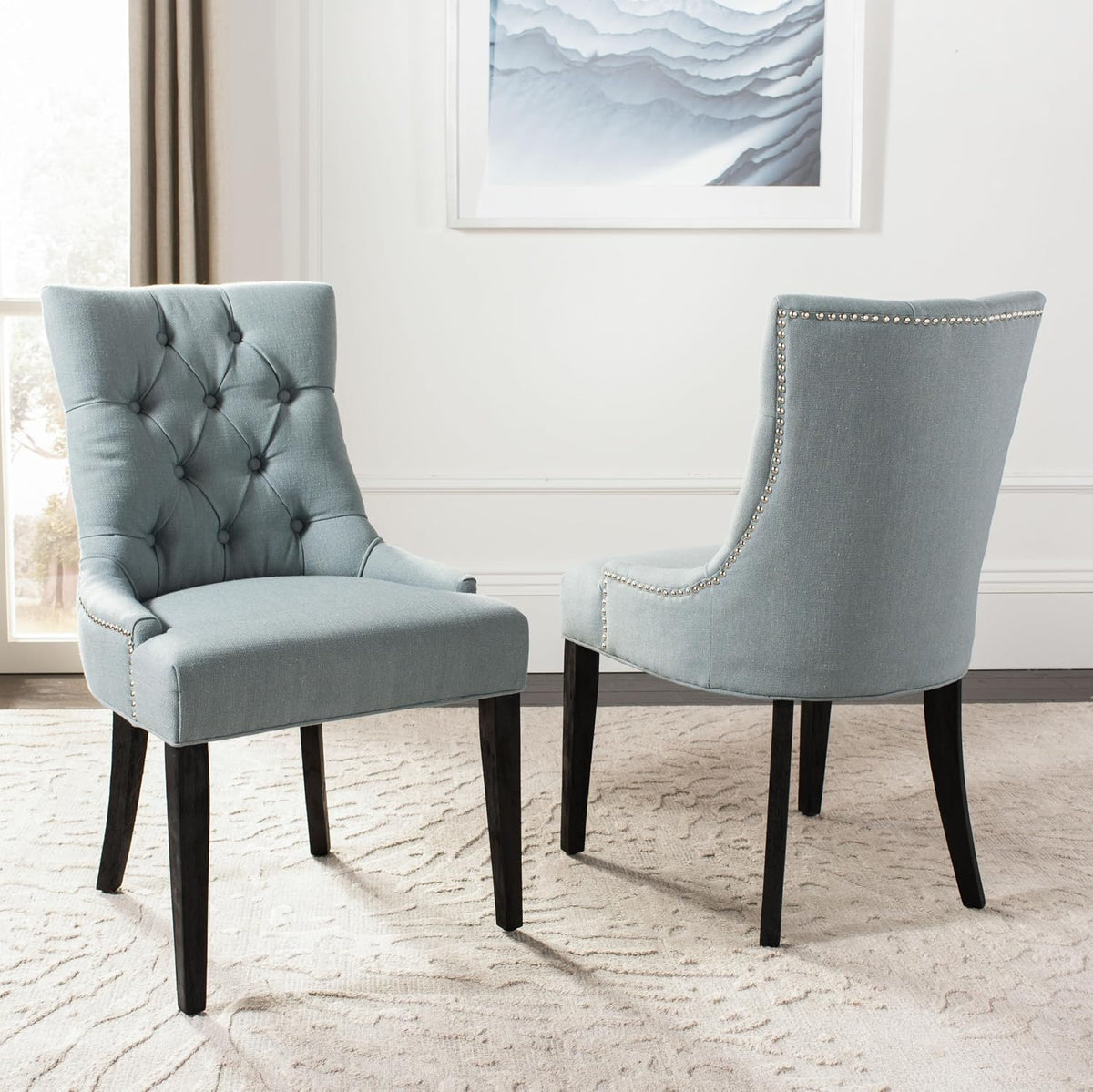 SAFAVIEH Home Collection - Abby Sky Blue Upholstered Dining Chair, Button Tufted Back, Nailhead Trim, Classic Accent Chair (MCR4701N)