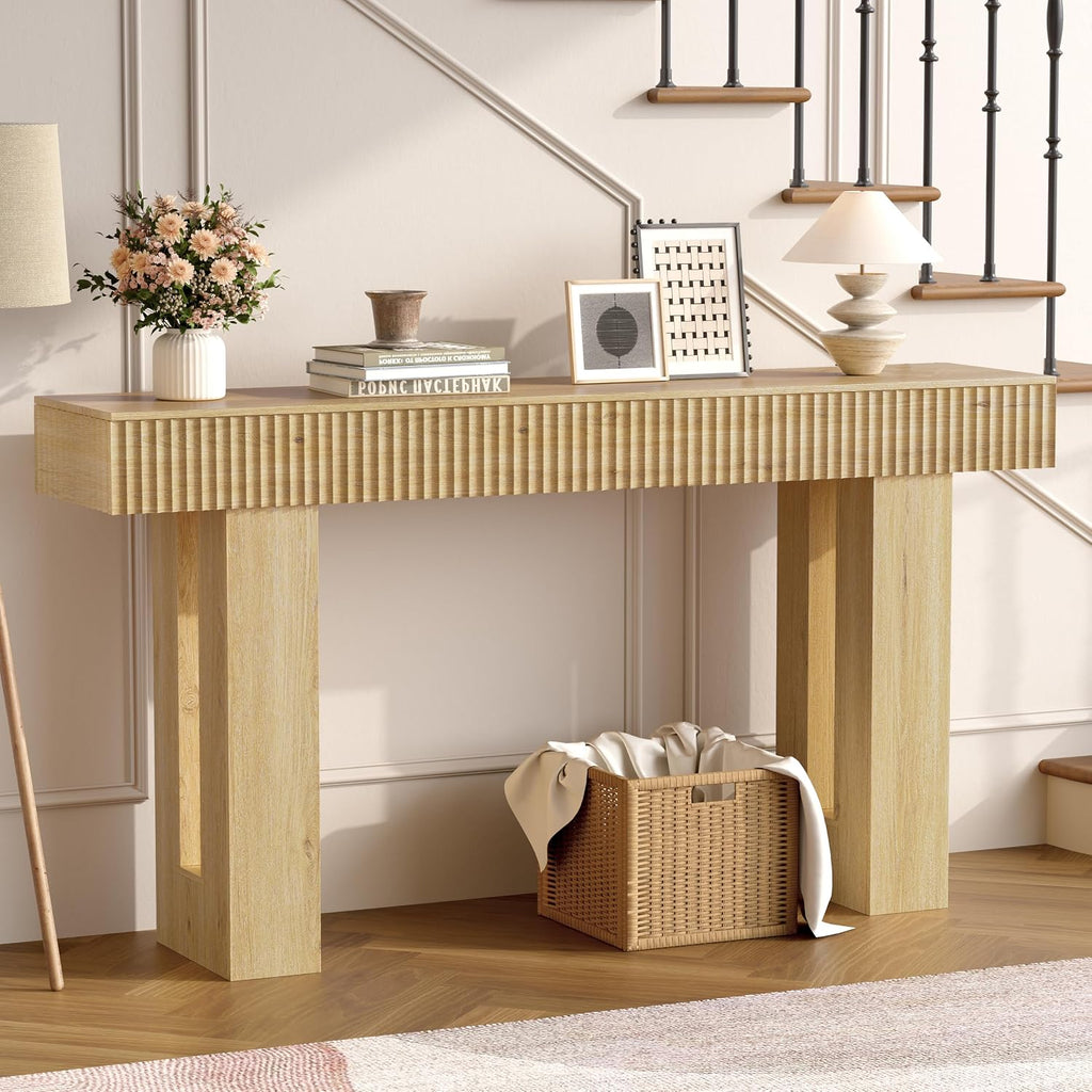 63" Long Console Table, Fluted Sofa Table Behind Couch, Natural Oak | Narrow Console Table with Storage Space, Modern TV Console Table for Living Room, Wood Hallway Table for Entryway, Front Door