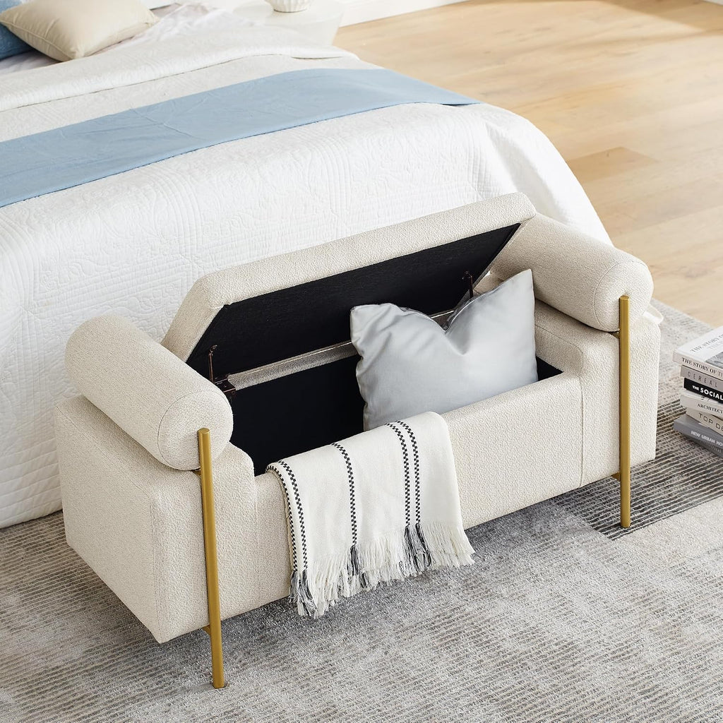 Storage Ottoman for Bedroom 44" with Safety Hinge, Upholstered Entryway Bench, Modern Linen Foot Rest with Arms,for Bedroom, Living Room, Entryway (Beige)