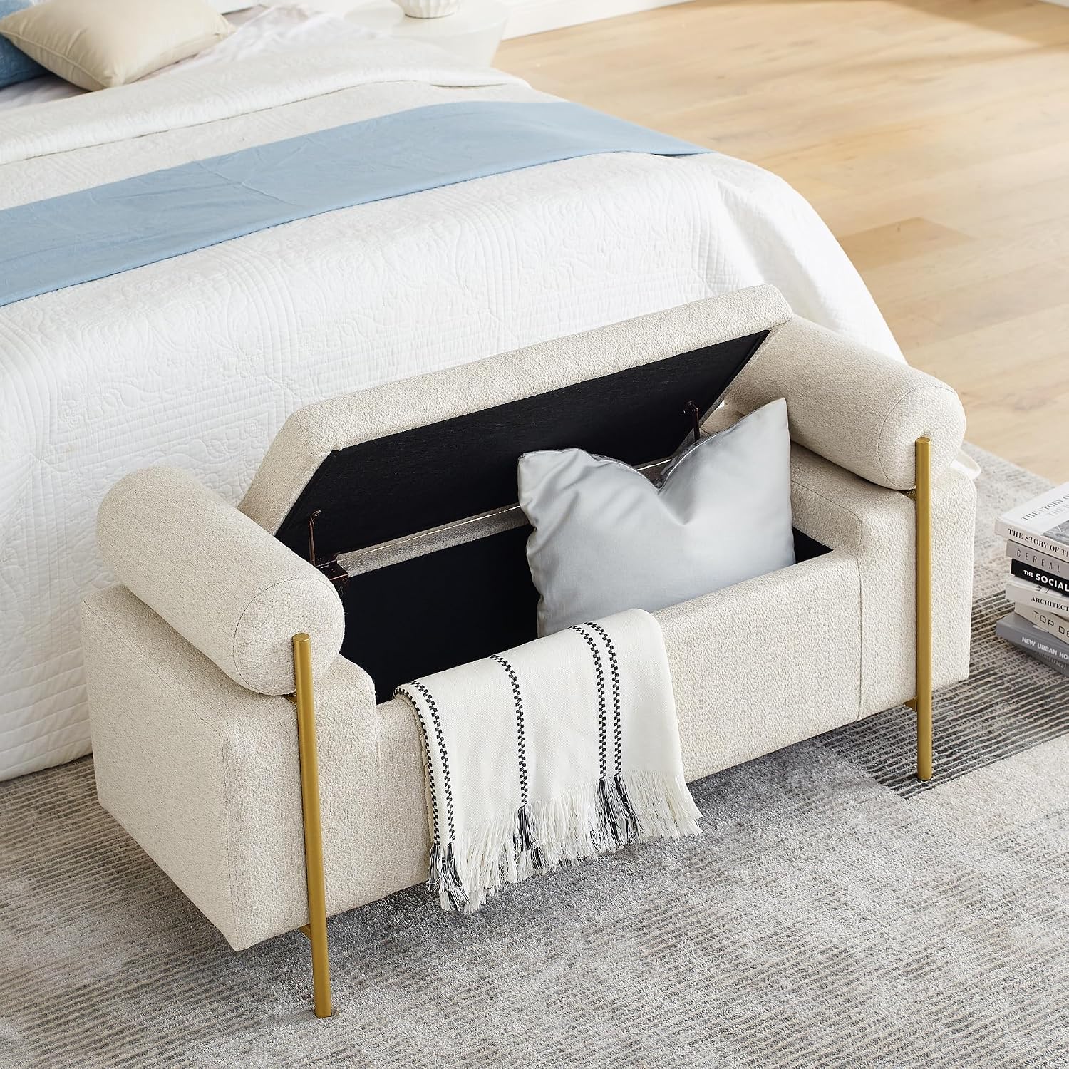 Storage Ottoman for Bedroom 44" with Safety Hinge, Upholstered Entryway Bench, Modern Linen Foot Rest with Arms,for Bedroom, Living Room, Entryway (Beige)