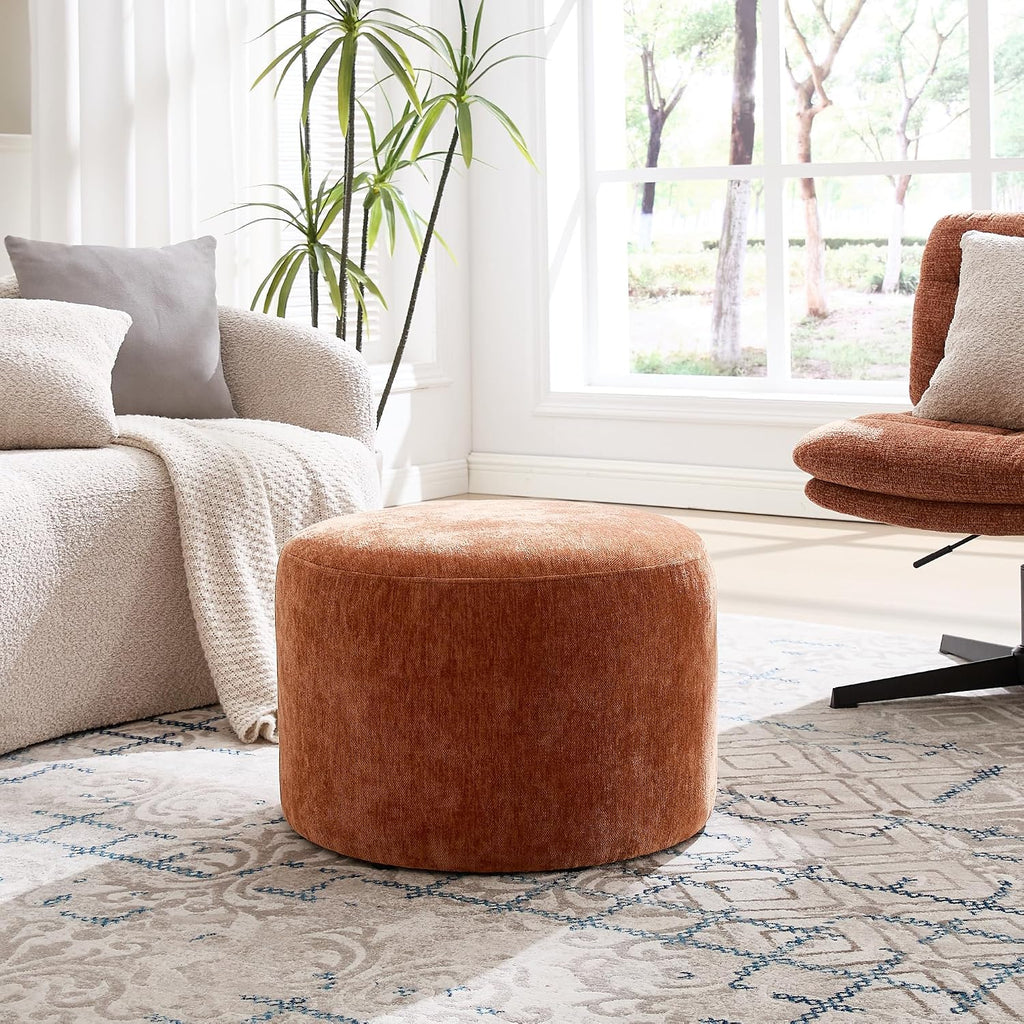 Upholstered Round Pouf Ottoman, Modern Footstool, Orange-Brown | Small Chenille Footrest with Soft Padded Seat & Wood Frame, Accent Vanity Stool for Bedroom (22.6"D x 22.6"W x 16.5"H)