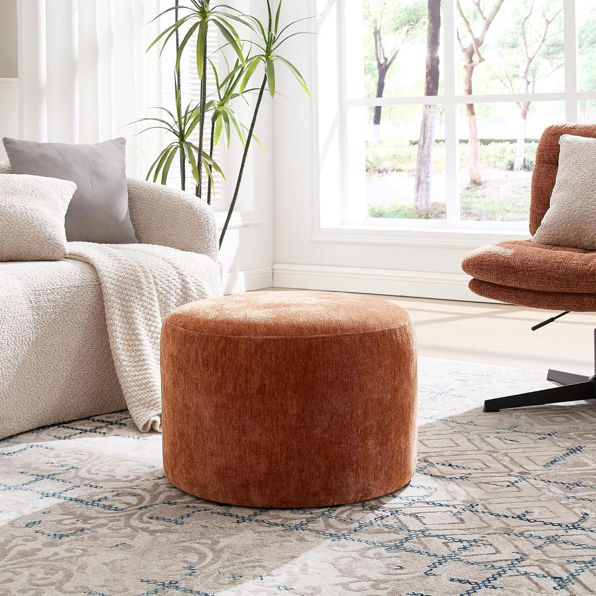 Upholstered Round Pouf Ottoman, Modern Footstool, Orange-Brown | Small Chenille Footrest with Soft Padded Seat & Wood Frame, Accent Vanity Stool for Bedroom (22.6"D x 22.6"W x 16.5"H)