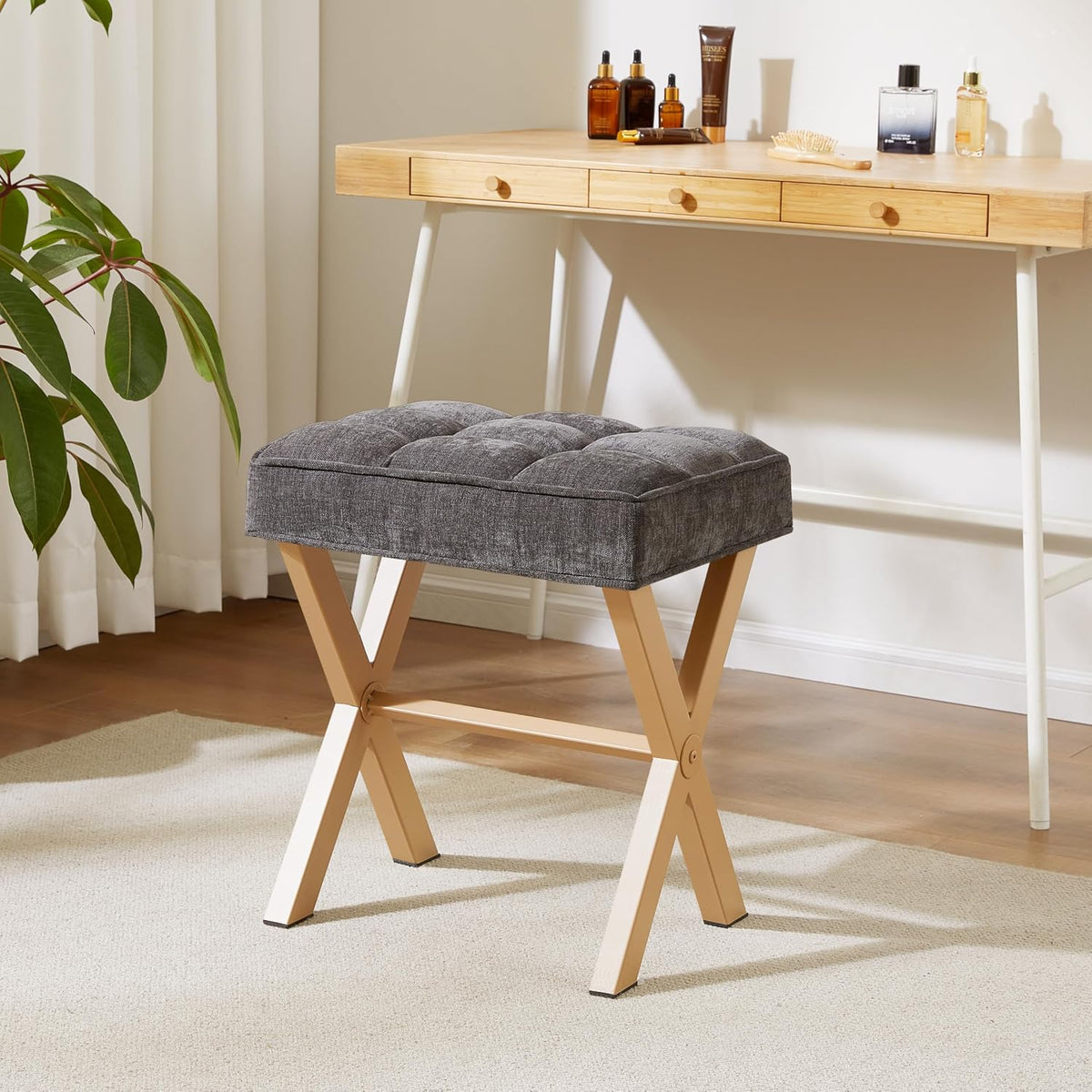 Royal Windsor Vanity Stool,Small Makeup Chair with Metal X Legs | Square Foot Stool,Modern Vanity Chair,Upholstered Vanity Seat for Entryway,Bedroom and Living Room,Dark Grey+Yellow
