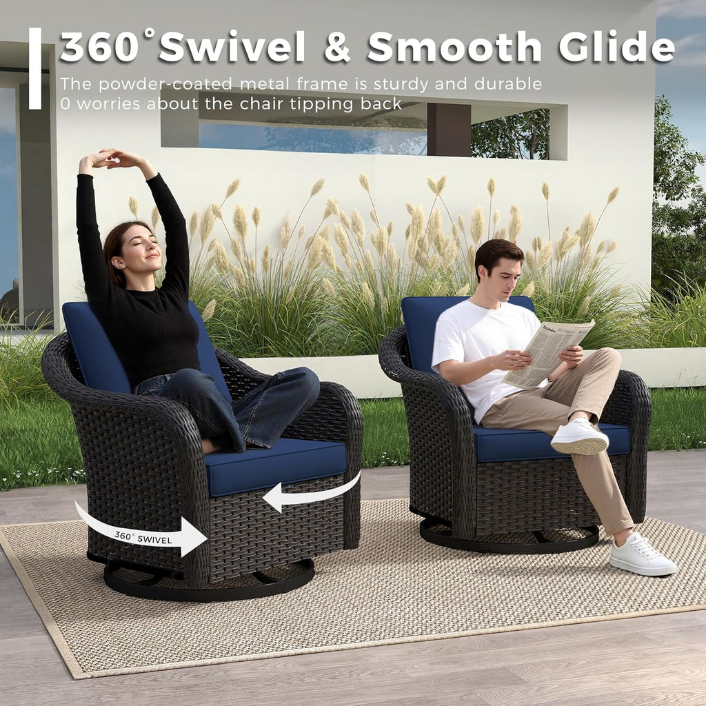 Outdoor Wicker 360 Degree Swivel Glider Rocker Chairs Set, Patio Conversation Furniture Set with Washable Cushions for Garden, Poolside (Navy Blue)