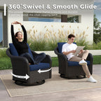 Outdoor Wicker 360 Degree Swivel Glider Rocker Chairs Set, Patio Conversation Furniture Set with Washable Cushions for Garden, Poolside (Navy Blue)