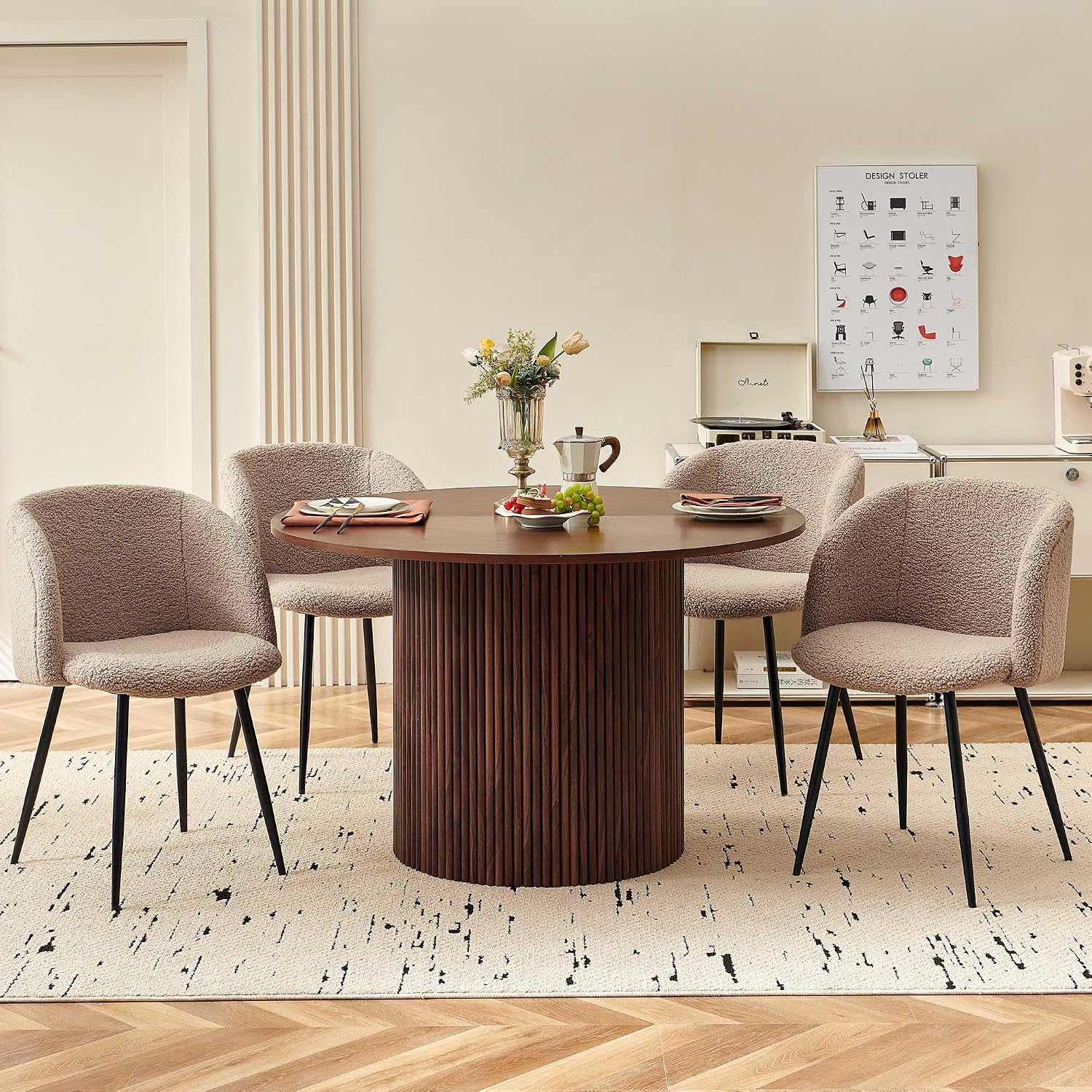 Homedot 47" Round Kitchen Dining Table Walnut for 4 with Veneer Tabletop | Farmhouse Dinner Table Fluted| Two-Part Tabletop| Rustic Circle Dining Table with Wooden Strip Base for Dining Living Room