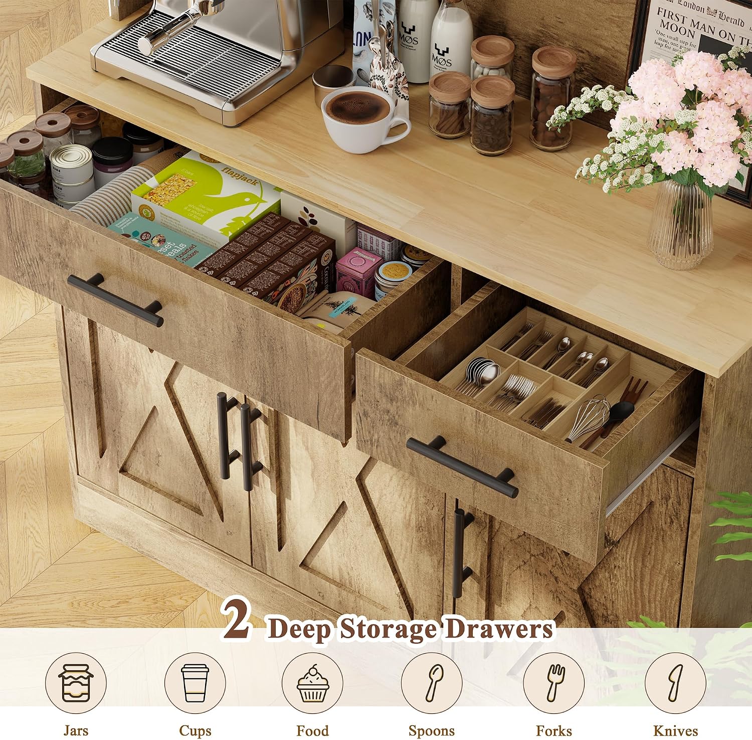 Vongrasig Farmhouse Pantry Cabinet with Charging Station, Tall Kitchen Pantry with Microwave Stand, Storage Drawers & Shelves, Large Kitchen Hutch for Living Room, Dining Room, Rustic Brown