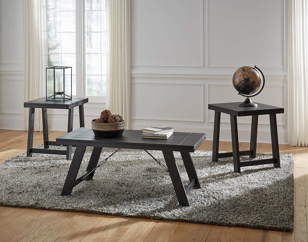 GTU Furniture Casual Engineered Wood Rectangular 3-Piece Coffee Table Set, Cocktail Table with 2 Matching End Tables, Black/Pewter Finish for Living Room