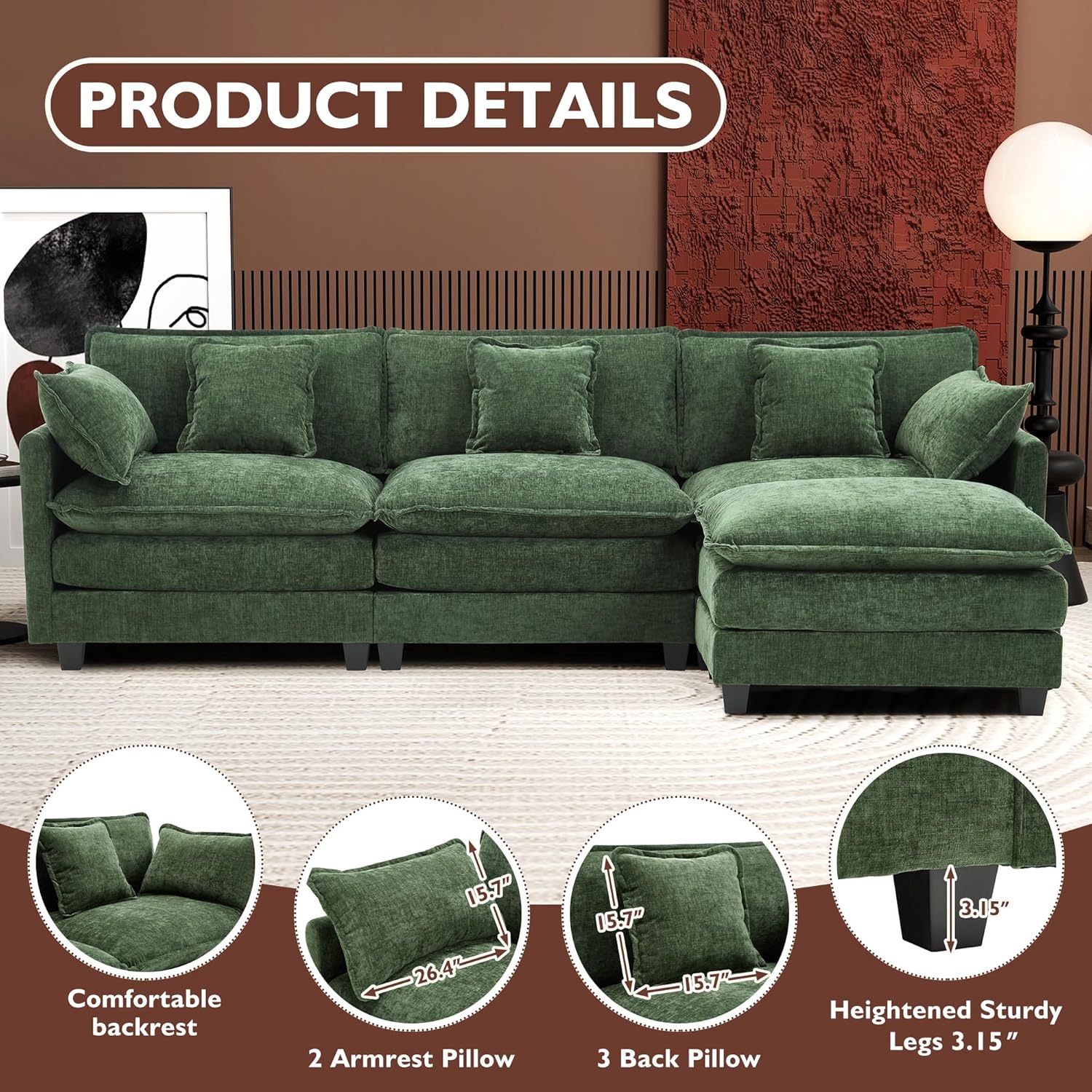 Ihanherry 111.4" L Shaped Modern Sofa Modular Sectional Cloud Couch with Ottoman, 4-Seat Chenille Deep Seat Sofa with Pillow for Living Room, Bedroom and Apartment, Green