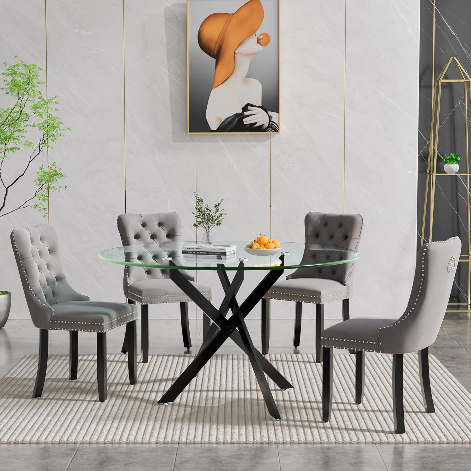 47" Round Glass Dining Table for 4-6, Circle Kitchen Table with Tempered Glass Top & Black Metal Cross Legs, Modern Glass Dinner Table for Kitchen Dining Room Small Apartment
