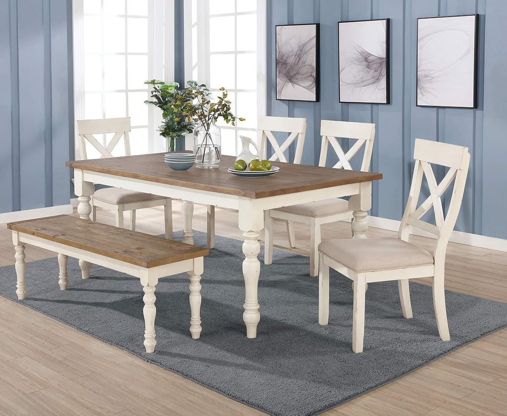 Roundhill Furniture Prato 6-Piece Dining Set, Dining Table with 4 Cross Back Chairs and Bench, Antique White and Distressed Oak Finish