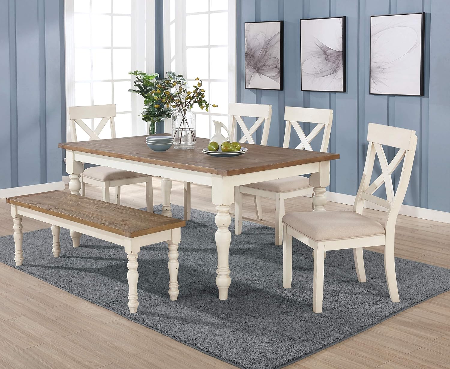 Roundhill Furniture Prato 6-Piece Dining Set, Dining Table with 4 Cross Back Chairs and Bench, Antique White and Distressed Oak Finish