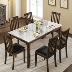 LUXOAK 7-Piece Wood Dining Table Set with Faux Marble Tabletop, Dark Brown | 71" Kitchen Table with 6 Chairs, Curved Backrests & PU Cushioned Seats, Perfect for Dining Room & Living Room