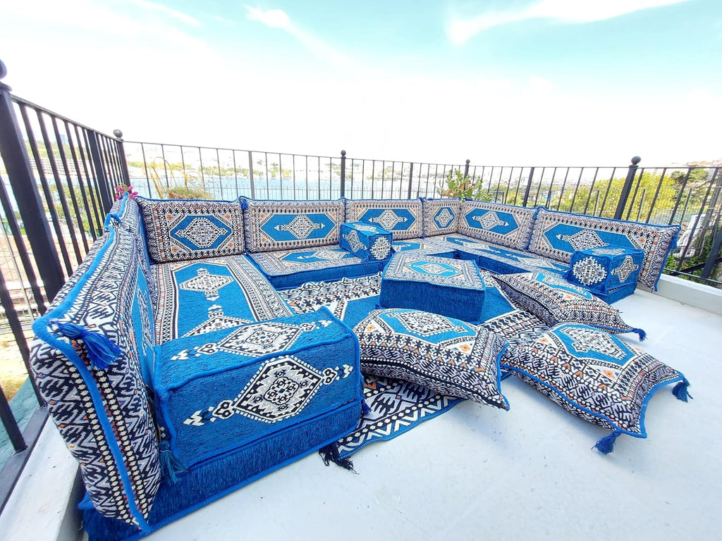 arabicsofa U Shaped Arabic Sofa Set – Royal Blue Modular Floor Seating for Guest Room