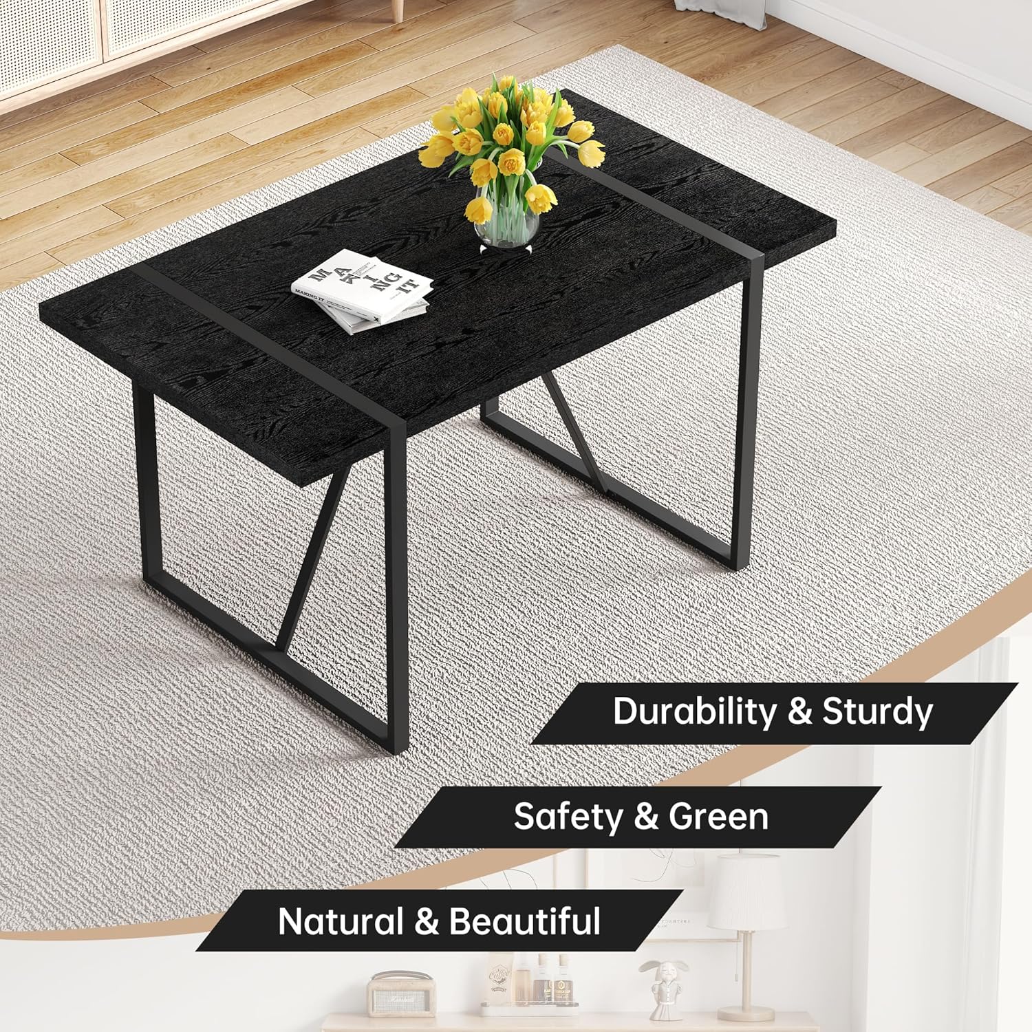 55" Black Dining Table Set for 6, 7 piece Modern Dining Table Set with Farbic Chairs, Farmhouse Kitchen Table Chairs Set of 6 Suit for Living Dining Room Furniture, Sturdy and Easy-to-Clean