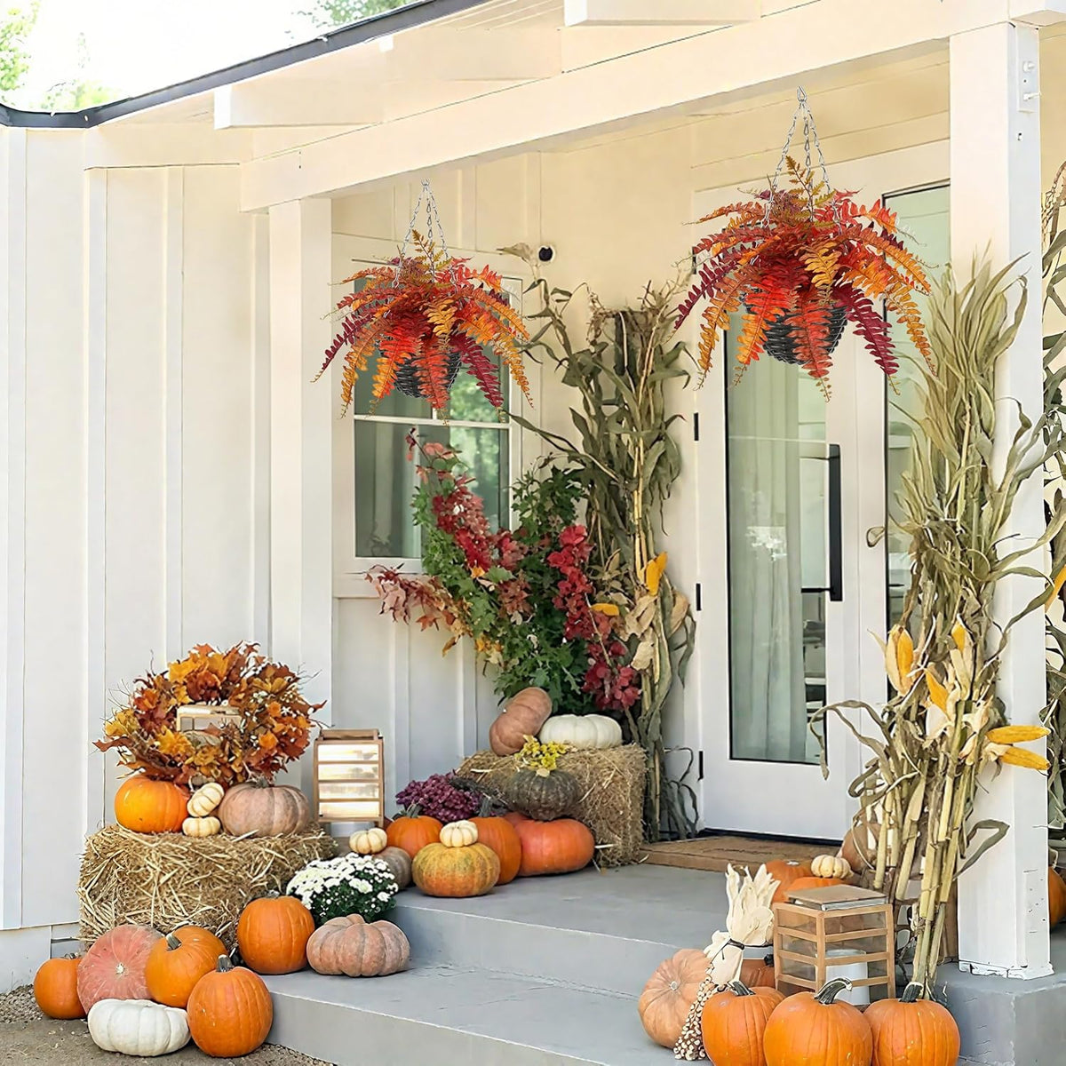 Hollyone Fall Hanging Baskets Small Artificial Fern Orange 21 Leaves Fall Hanging Decor Plant Boston Ferns Silk Plants with Black Rattan Baskets Outdoors Indoor Fake Fern Autumn Decorations for Home