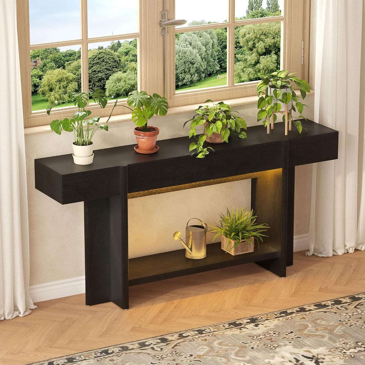 Einhomn 70.8" Long Console Table, 2 Drawer Entryway Table with Colorful LED Lights, Farmhouse Entry Way Table with Open Storage, Narrow Long Sofa Table for Entrance, Living Room, Hallway, Black