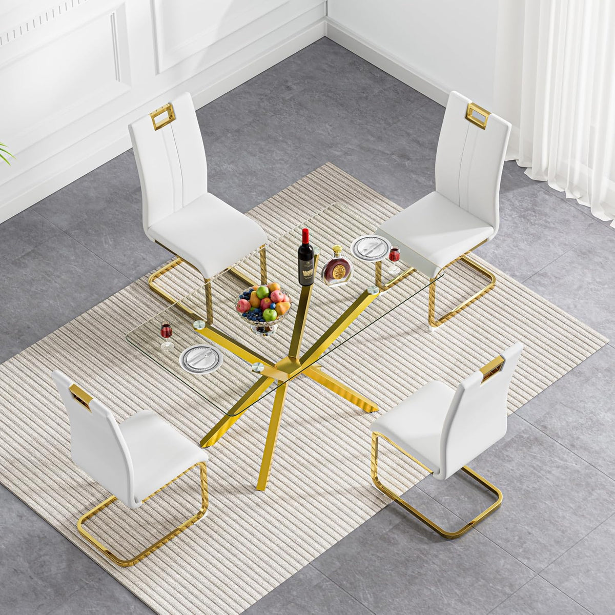 Modern Dining Table for 4 People, 47" Rectangle Dining Room Table with Gold Chrome Metal X-Base, Rectangular Tempered Glass Dining Table, Kitchen Dining Room Tables Luxury Dinner Table