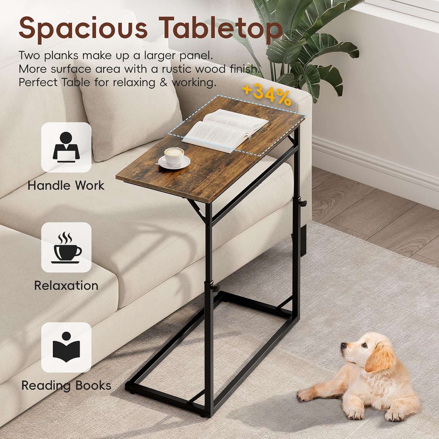 Vagusicc C Shaped End Table, Tall Side Table for Couch, C-Table End Table Adjustable Height Side Tables, Large Surface Sofa Tables TV Tray, Slide Under Couch Tables for Sofa, Living Room,Bedroom,Brown