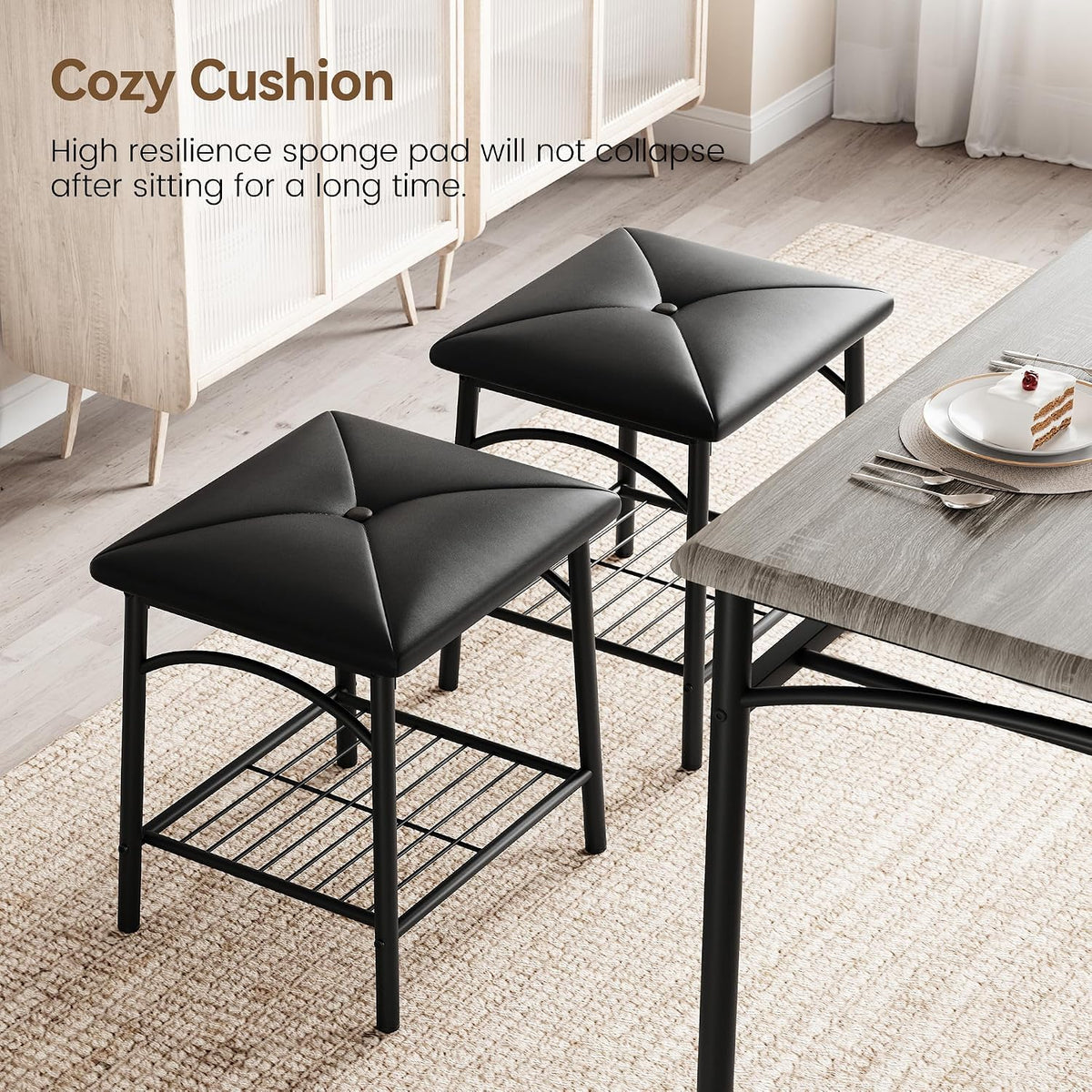 GAOMON Dining Table with Benches, Kitchen Table Set for 4, Dining Room Table Set with Upholstered Bench and Square Stools, Metal and Wood Dining Table Set for 4 with Storage for Small Space-Grey
