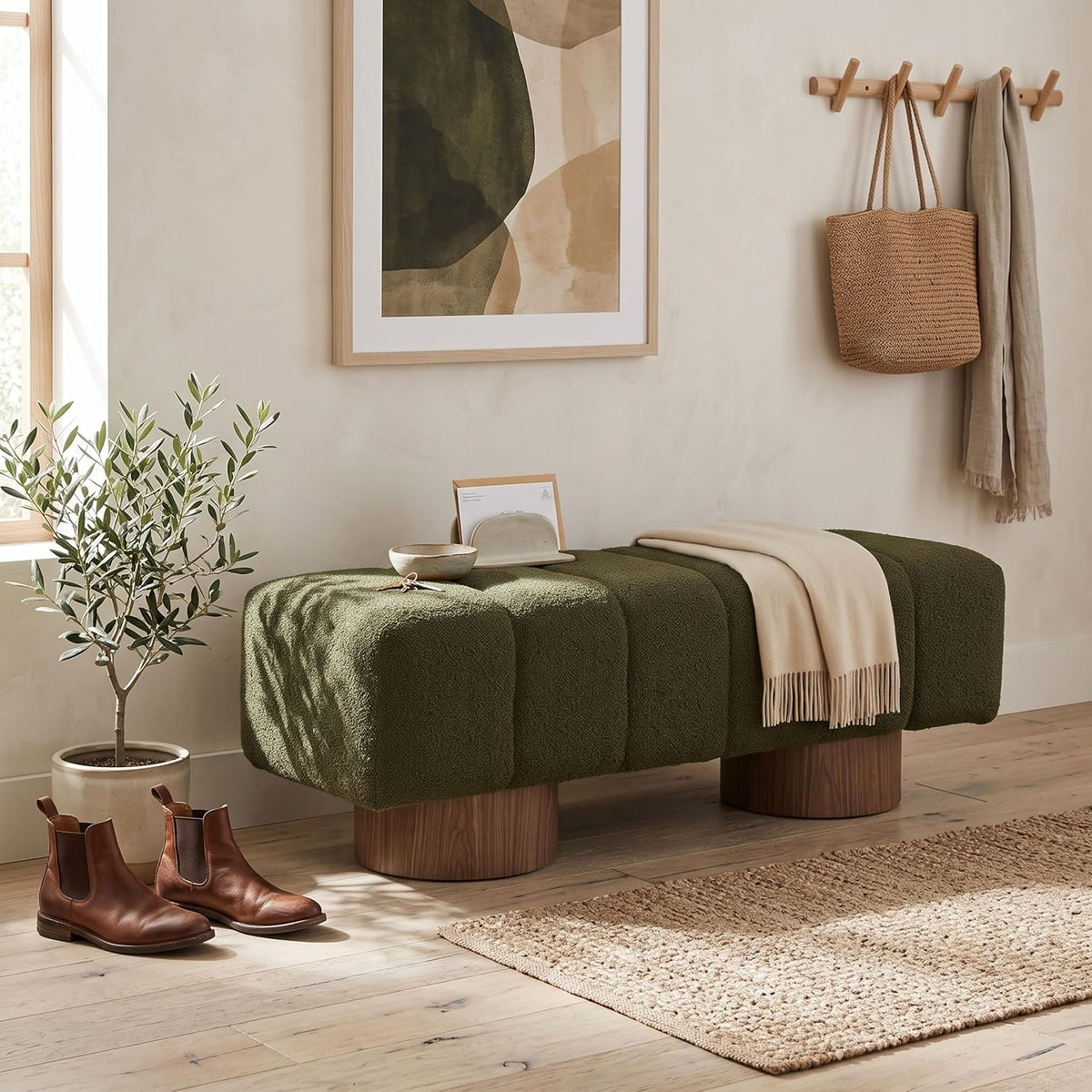 Merax 50" Green Boucle Upholstered Dining Bench Entryway Bench | No Assembly Required, End of Bed Ottoman, for Living Room Dining Room Bedroom, Floor-Friendly Feet Pads, Bear 300 LBS