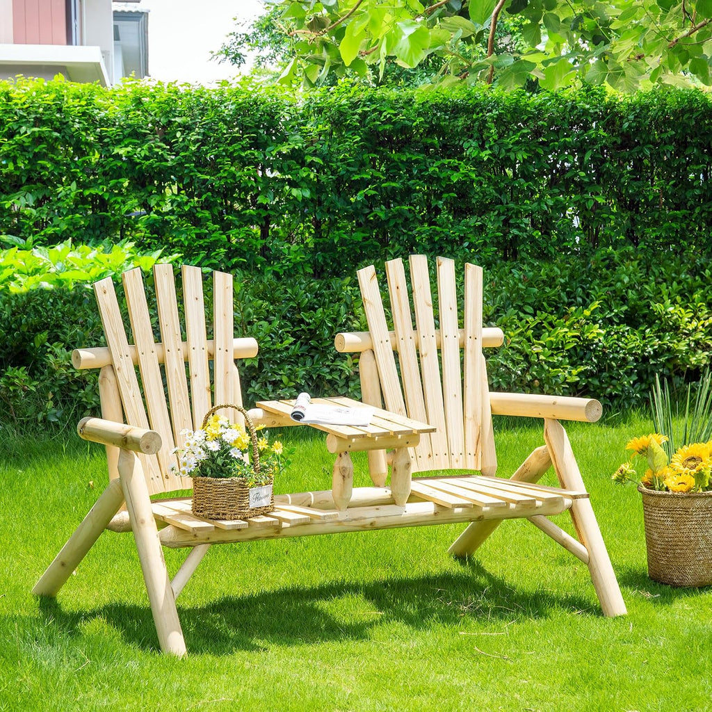 Adirondack Loveseat Chair, 2-Seat Wooden Patio Bench with Built-in Table, Outdoor Fire Pit Chair for Porch, Backyard, Deck, Garden Seating, Natural