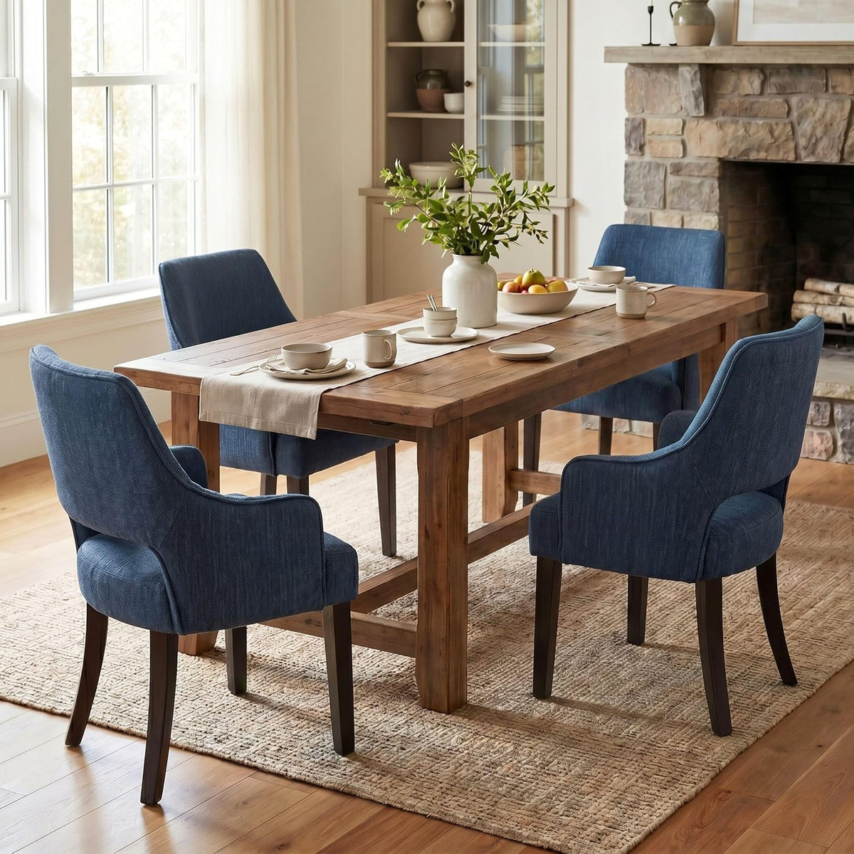 chairus Farmhouse Dining Chairs Set of 2 with Arms, Blue Linen Upholstered Dining Room Chairs, Curved Open Back Kitchen Accent Side Chairs, Blue
