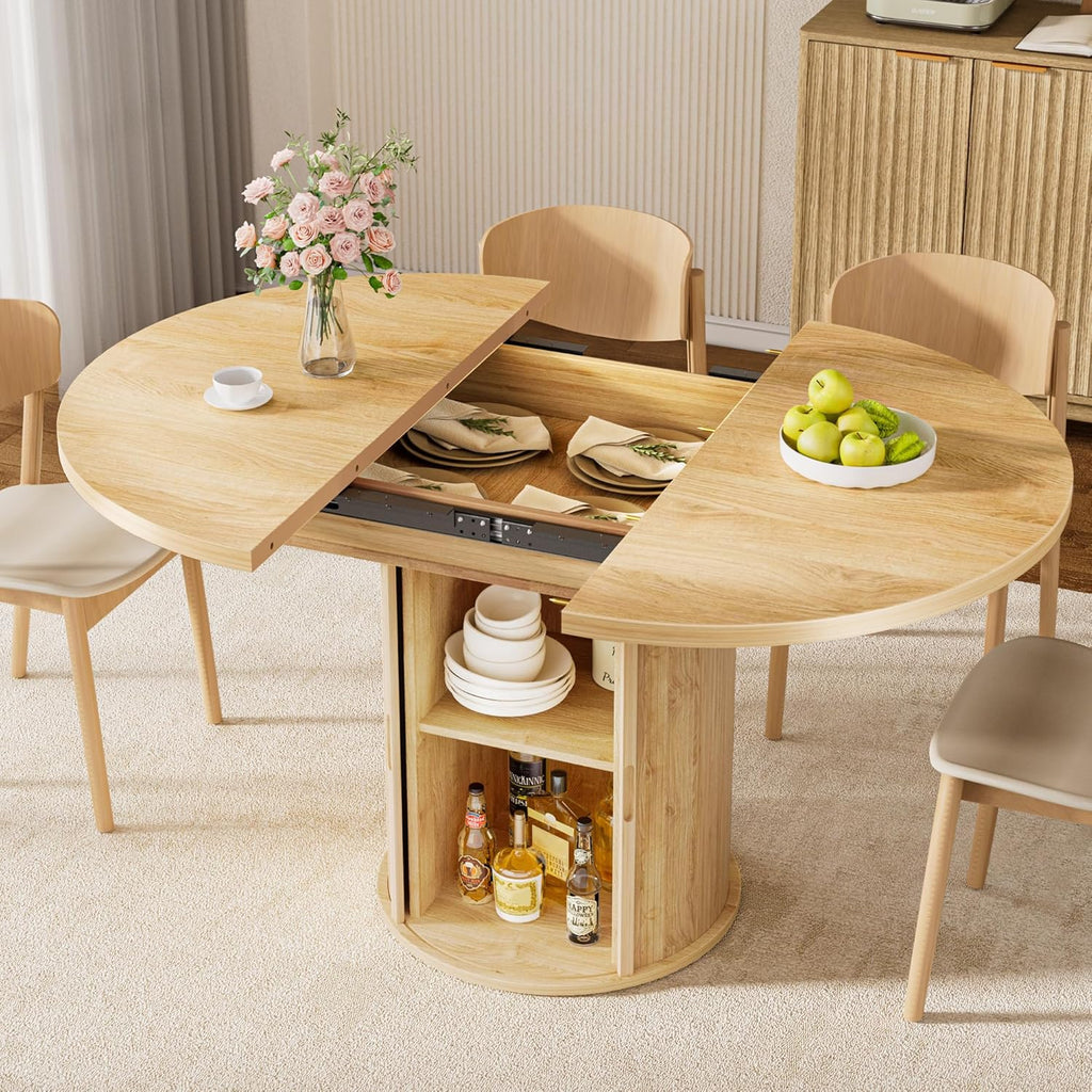 40-55in Extendable Round Table for 4-6, Multi-Use Oval Dining Table with Hidden Storage, Expandable Kitchen Table with Fluted Sliding Door Cabinet for Dining Room,Apartment or Meeting Room