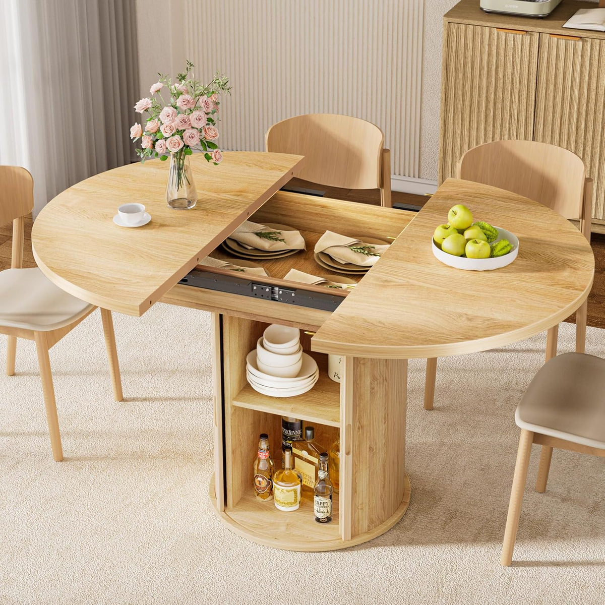 40-55in Extendable Round Table for 4-6, Multi-Use Oval Dining Table with Hidden Storage, Expandable Kitchen Table with Fluted Sliding Door Cabinet for Dining Room,Apartment or Meeting Room