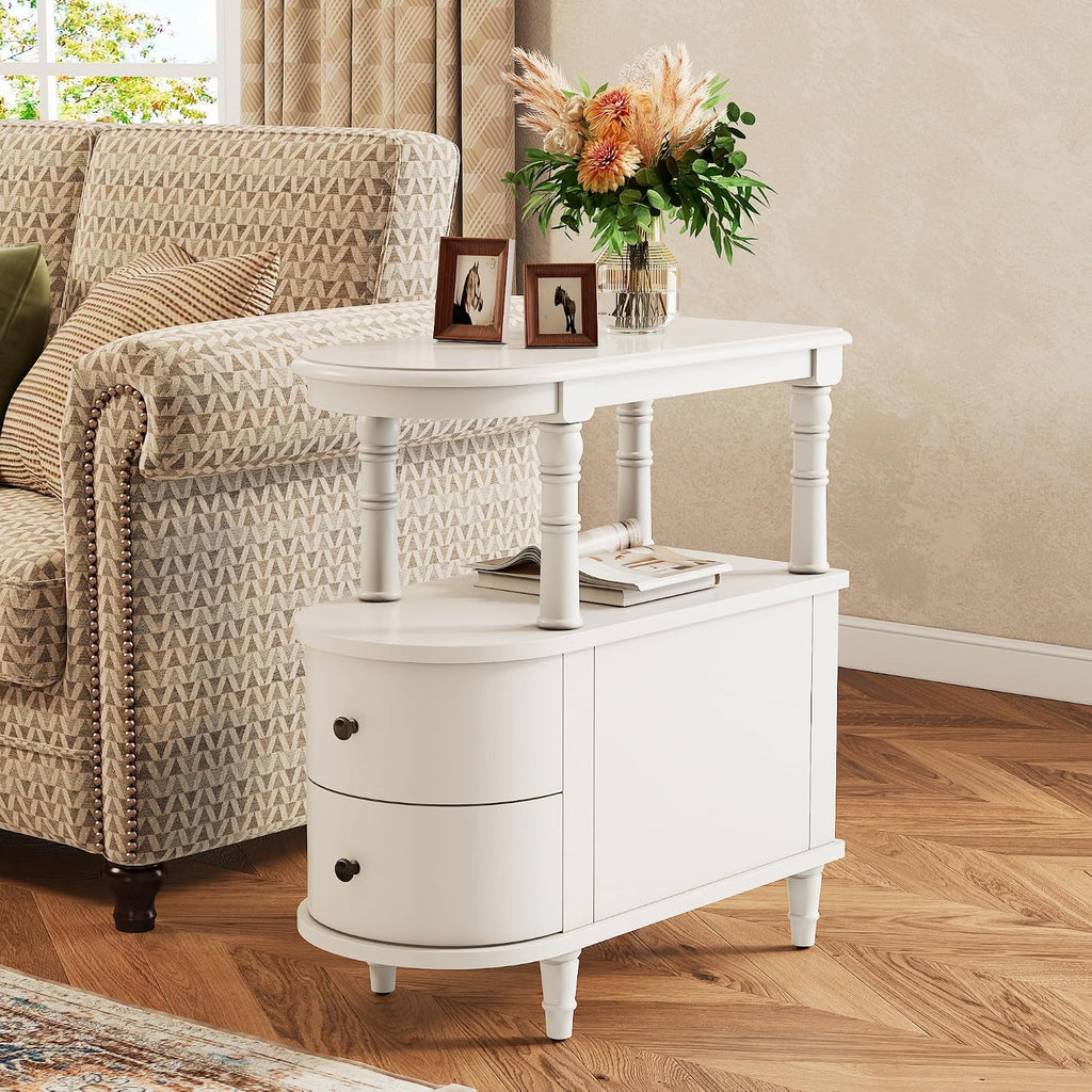 PADMA HOUSE Solid Wood End Table with 2 Drawers, Narrow Sofa Side Table Slim Chair Side Table with Storage Shelf, Vintage Slim Nightstand Bedside Table, White，BG-A508-WT