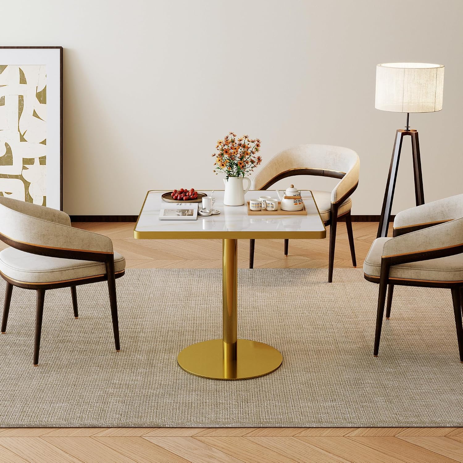 SSLine Marble Square Dining Table,31.5" Tulip Table Bistro Table for 2-4 People,Modern Kitchen Dining Room Furniture with Sintered Stone Tabletop and Stainless Steel Pedestal for Small Places
