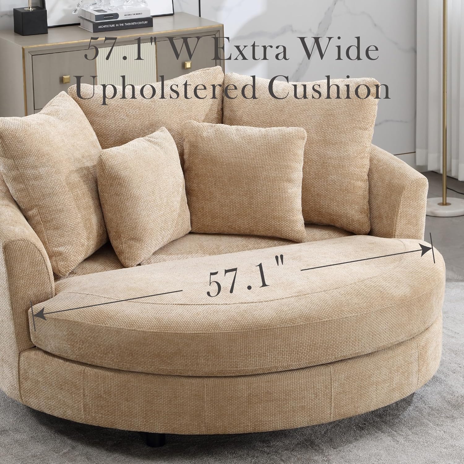 Aoiy & Wifon 59.8" W Oversized Barrel Chairs, Round Accent Chair with Wheels, Extra Large Living Room Chair, Knitted Chenille, Wheat