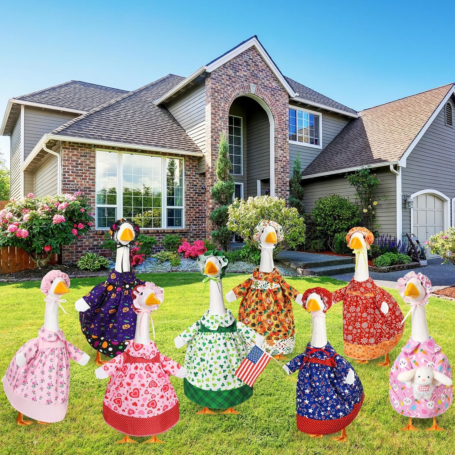 8 Set Seasonal Holiday Goose Outfits Fall Halloween Christmas Summer All Seasons Lawn Porch Goose Clothes Costume for 23" Cement Statue Garden Patio Outdoor Decoration(Girl Style)