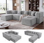 MONVANE U Shaped Sectional Couch Oversized, Chenille, Light Gray | 6-Seat Sectional Couch for Living Room, Modular Cloud Sofa with Ottoman & 6 Throw Pillows, No Assembly Required