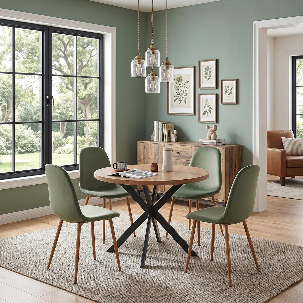 Howtek Dining Chairs Set of 4, Mid Century Modern Green Velvet Upholstered Kitchen Chairs with Backrest & Metal Legs for Living Room, Dining Room, Vanity