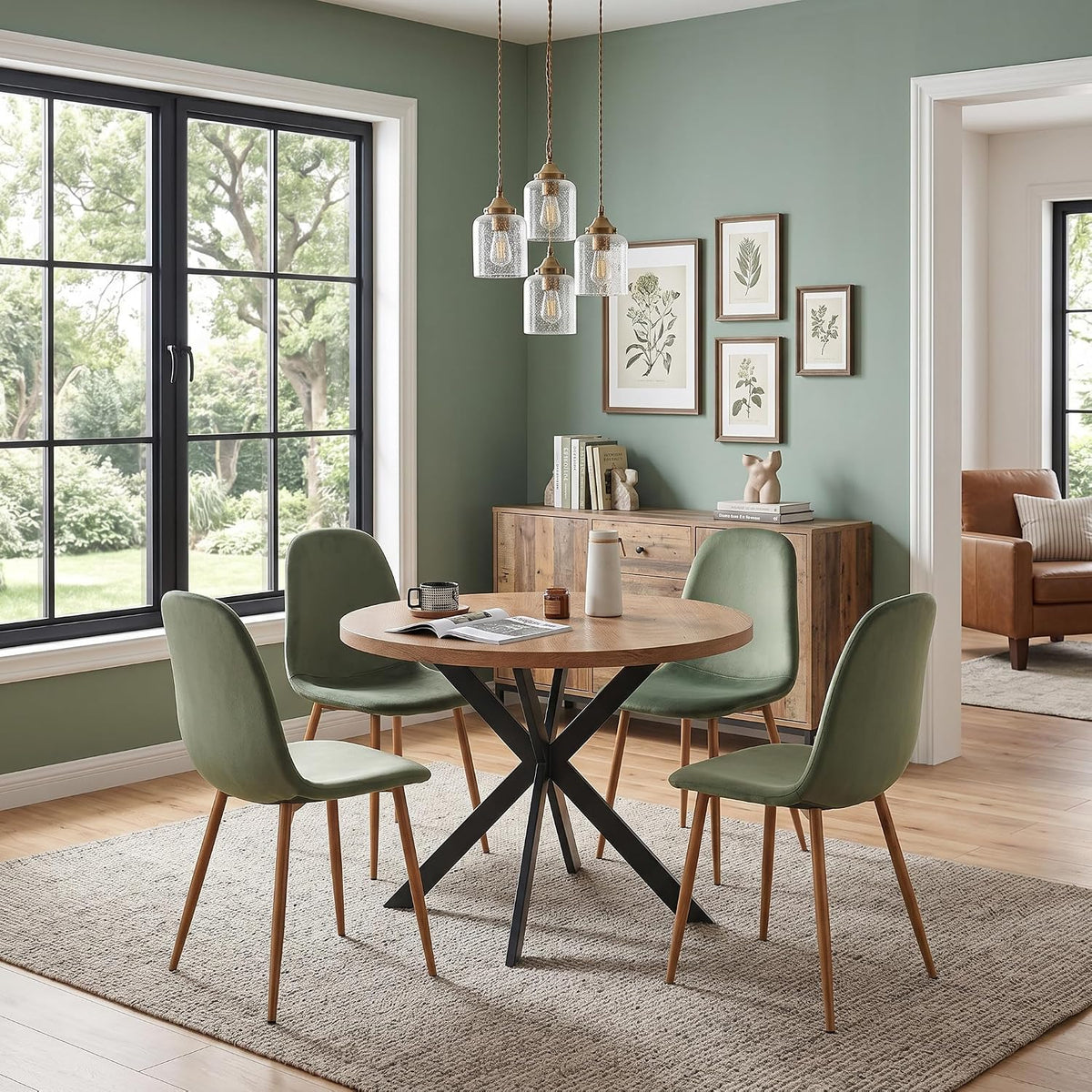 Howtek Dining Chairs Set of 4, Mid Century Modern Green Velvet Upholstered Kitchen Chairs with Backrest & Metal Legs for Living Room, Dining Room, Vanity