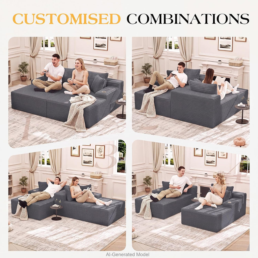 85'' Loveseat Chaise Lounge Chair, Oversized Double Couch | Deep Seat Sofa Bed Sleeper Couch, Reading Chairs Cloud Sofas for Living Room, Bedroom, No Assembly, Corduroy Dark Gray
