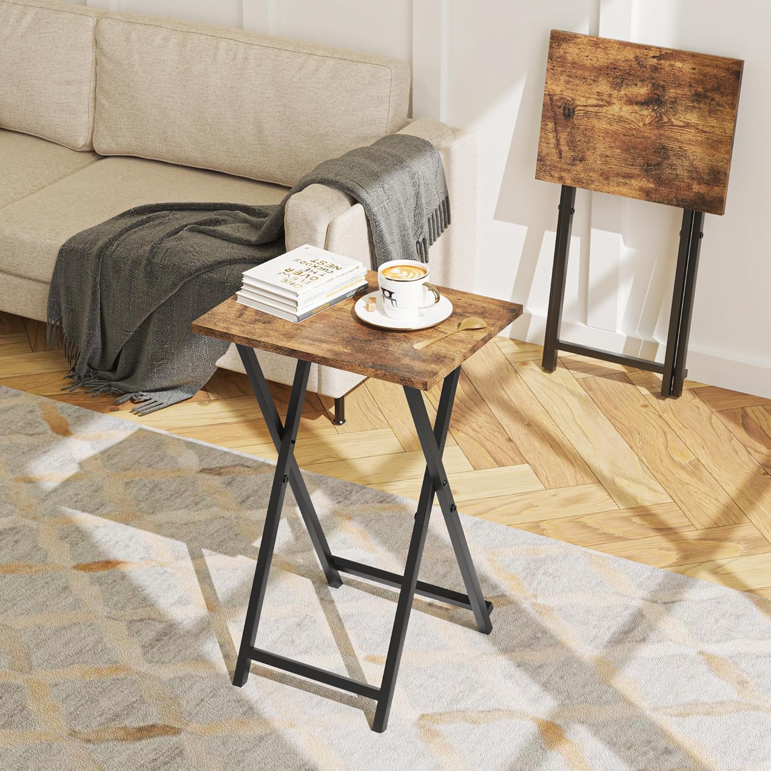 Acovy Foldable TV Trays, Small Folding Table, TV Trays Set of 2, TV Dinner Tray, Side Table for Bed, Couch, Portable Easy to Move, Brown